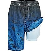 Mens Swim Trunks with Compression Liner 9" Built-in Board Shorts 2 in 1 Quick Dry Bathing Suits with Zipper Pockets