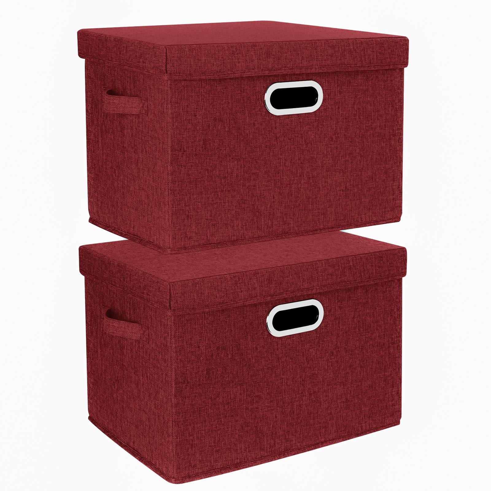 TYEERS Large Storage Box with Lid, Collapsible, Washable, Fabric Storage Box for Clothes, Wardrobe Storage, 44x30x29 cm, Set of 2, Red Wine