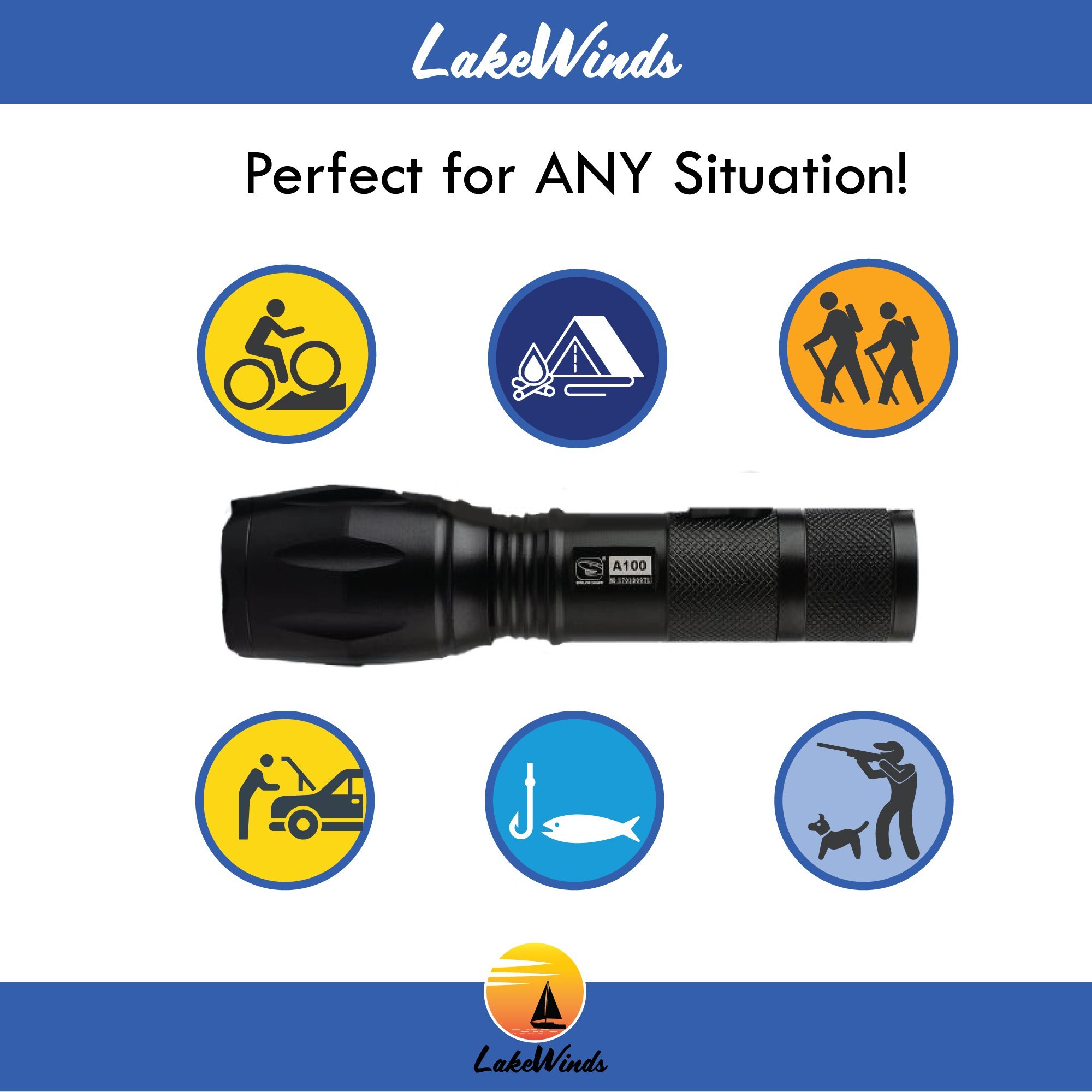 Lakewinds 1000 Lumen LED - High Powered Rechargeable Adjustable Tactical Flashlight - Five Focus Modes - Shock Resistant - Water Resistant - 600 Foot Light Range