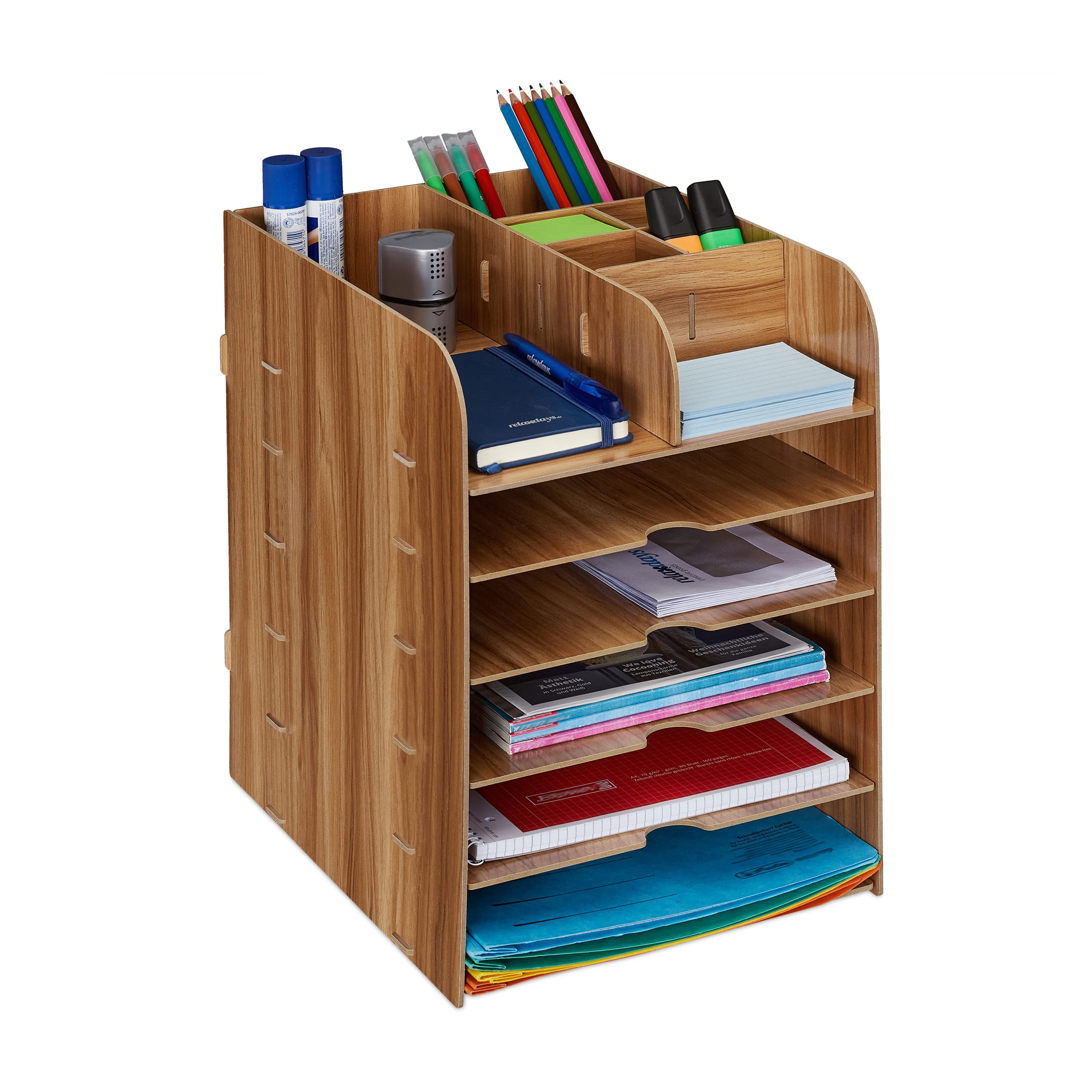 Relaxdays Desk Organiser, 12 Compartments, Letter, Office Document Tray, A4 Format, HWD: 34.5 x 25 x 32 cm, Brown, Fibreboard
