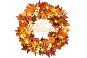 Waipfaru Fall Wreaths for Front Door, 20'' Autumn Fall Wreath with Lights and Welcome Sign, Fall Leaf Outdoor Wreath for Thanksgiving Farmhouse Front Porch Patio Decor