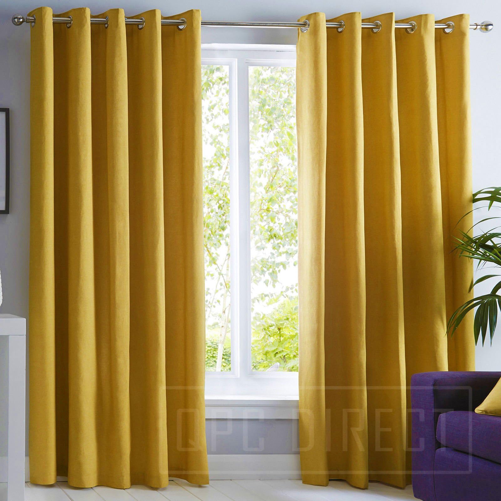 QPC Direct Pair of Plain Fully Lined Heavy Cotton Eyelet Ring Top Curtains, Ochre Yellow (90" x 90" [228 x 228cm])