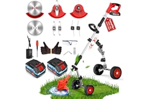 Lemolifys Electric Weed Wacker with Wheels, 2000mAh 21V Battery Operated Weed Eater Cordless, 3 in 1 Lightweight Edger Brush Cutter Weed Trimmer, Stringless Grass Trimmer Mower w/ 2 Battery 1 Charger