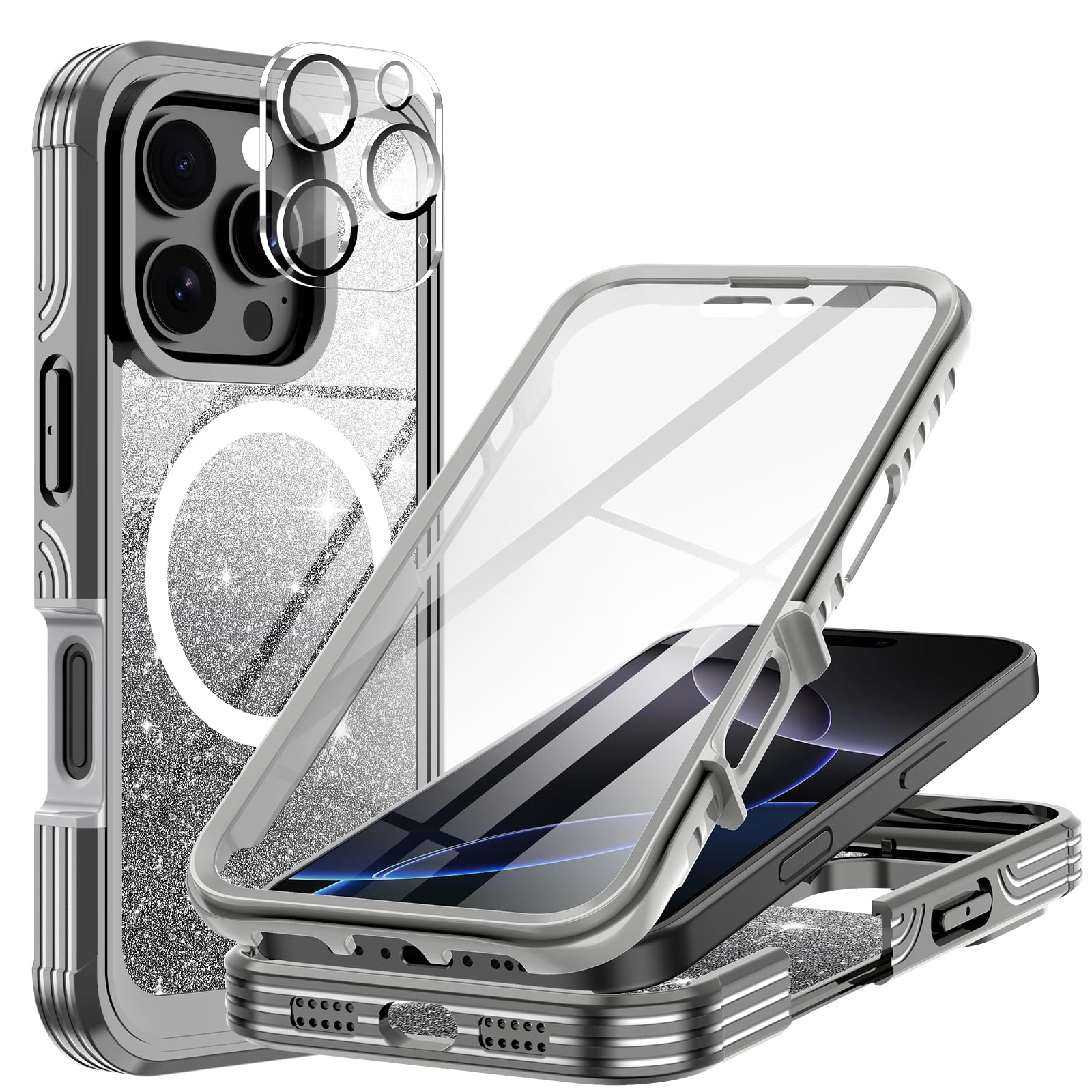 Photo 1 of Hekodonk for iPhone 16 Pro Case, Compatible with Magsafe [Built-in 9H Tempered Glass Screen Protector & Camera Lens Protector] Full Body Shockproof Protective Women Girl Bling Case, Gray Glitter