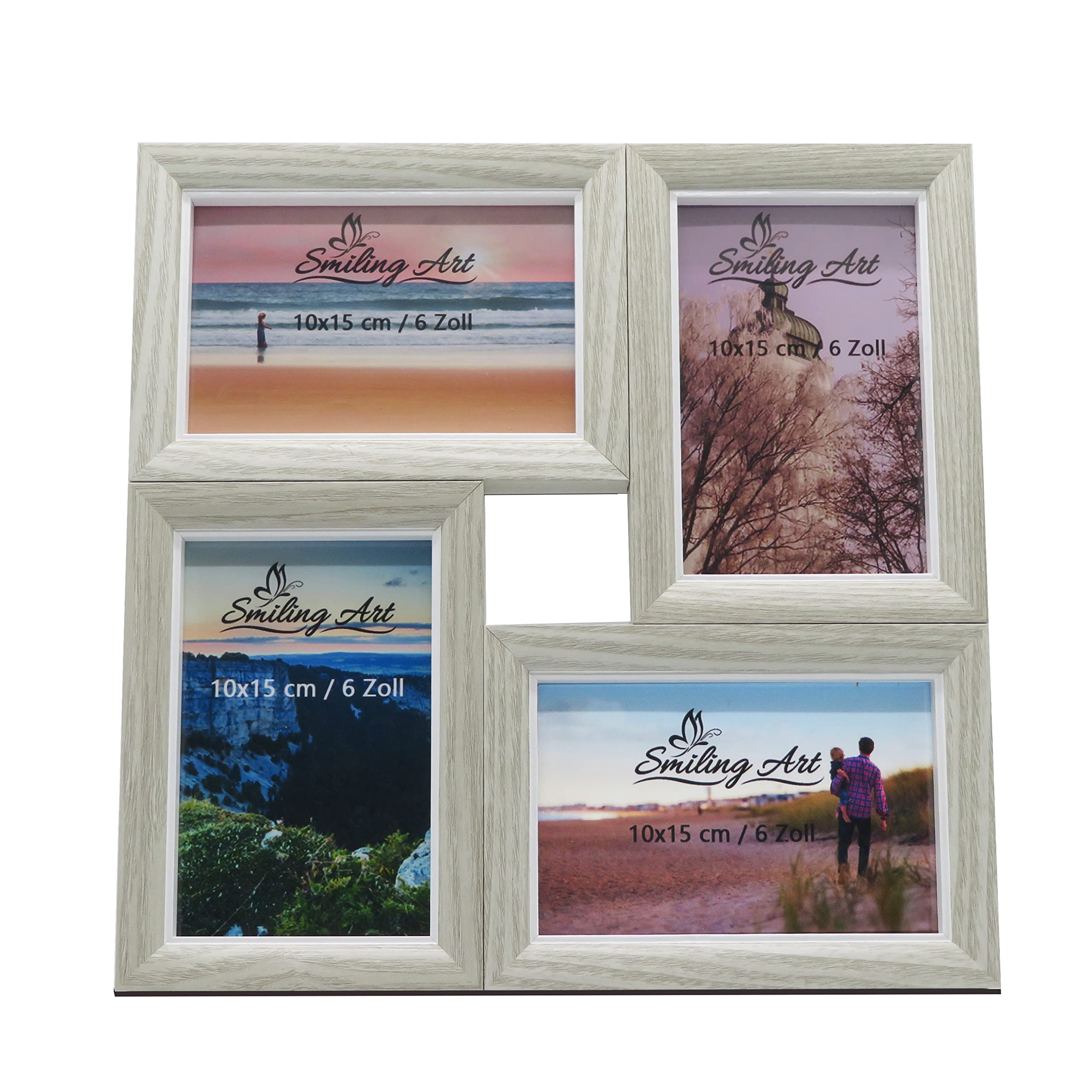Smiling Art Picture Frame Collage for 4 Photos MDF Wood with Glass (Light Grey, 4 x 10 x 15 cm)