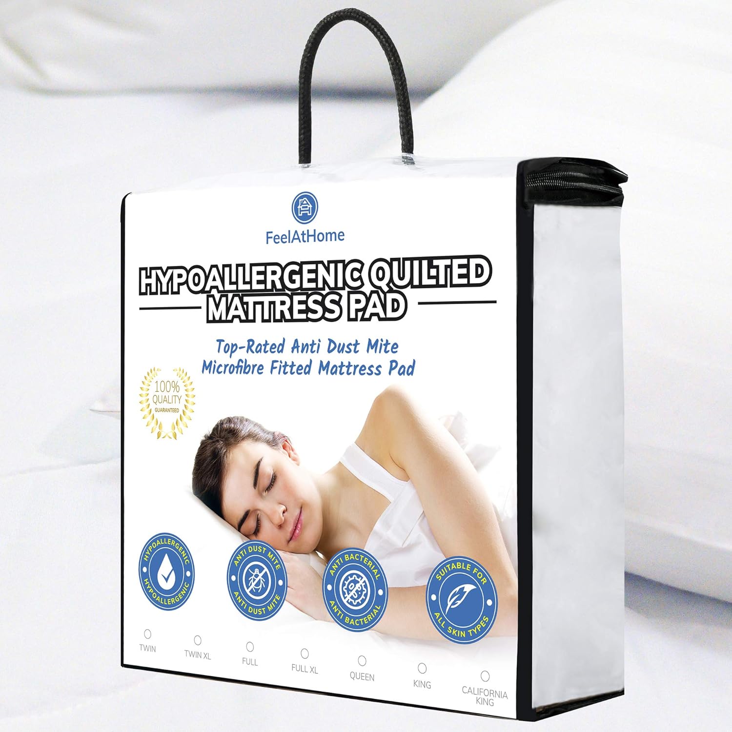 FeelAtHome Hypoallergenic Fitted Mattress Pad Topper - Premium Anti-Dust Mite, Anti-Allergen Soft Luxurious Pillowtop Mattress Topper Protection Cover (Queen)