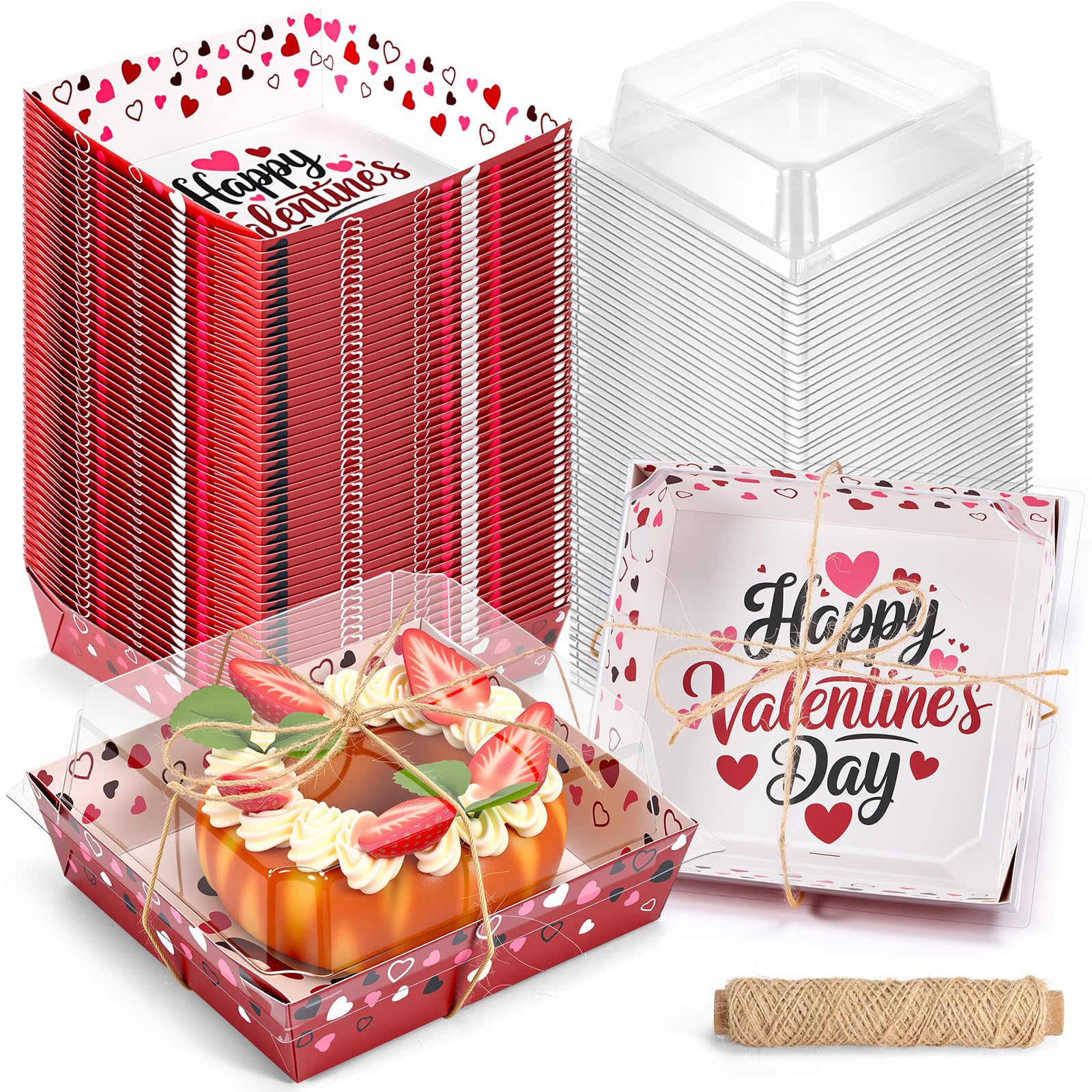 Photo 1 of Remerry 50 Set Valentine's Day Charcuterie Boxes with Clear Lids and Rope 5 Inch Red Pink Heart Dessert Boxes Square Disposable Paper Food Containers for Valentine Sweets Cookies Bakery Gift Packaging