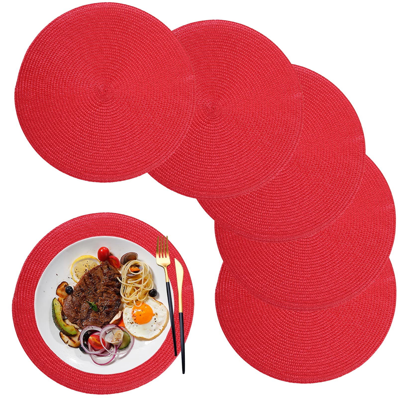 maifey Round Placemats 12.6 Inch Table Mats Set of 6 Washable Heat Resistant Table Placemats for Home Kitchen Restaurant,Red