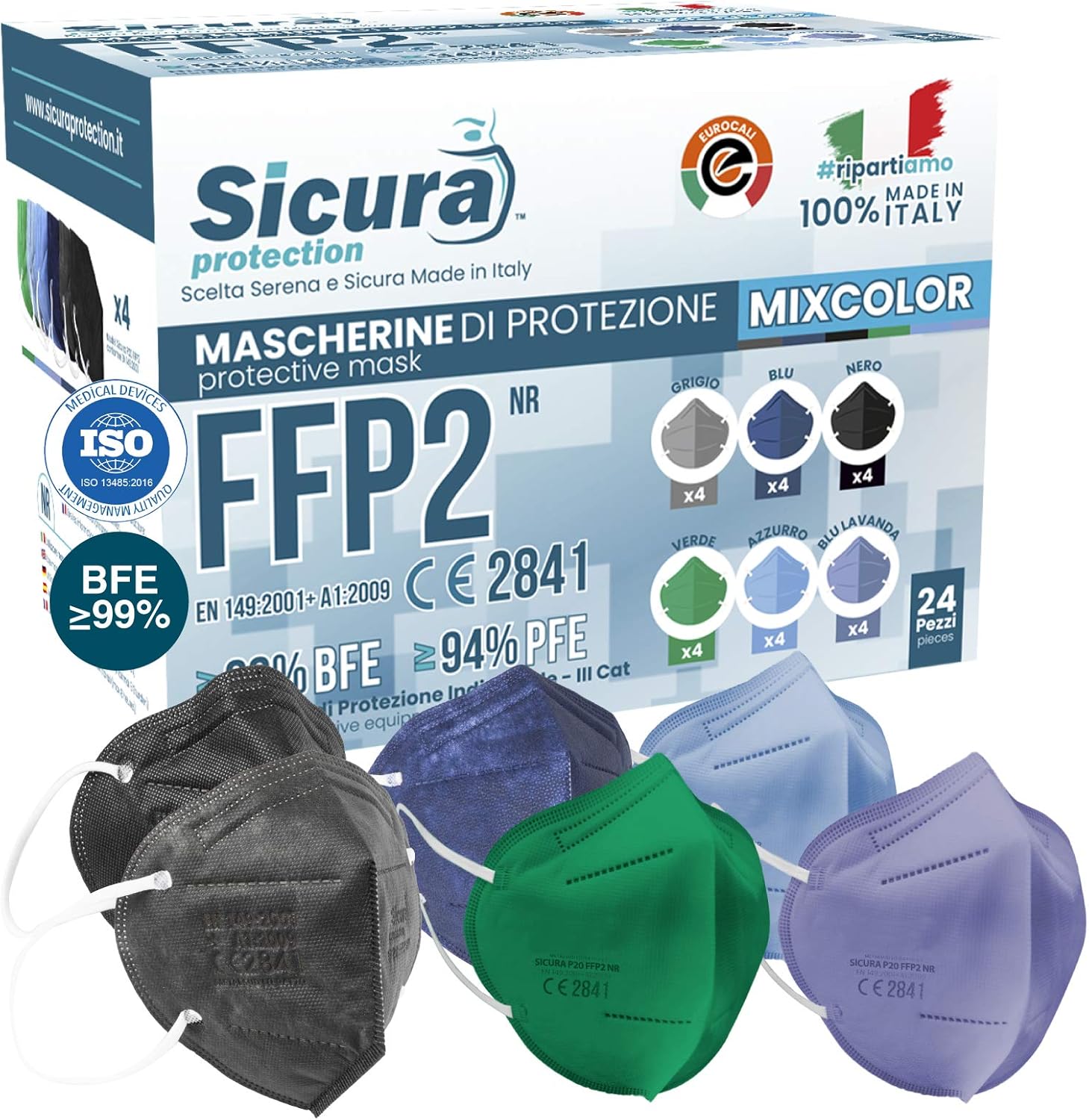 24 Mascherine FFP2 Colorate Certificate CE Made in Italy SICURA BFE ≥99