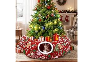 SilTriangle Cat Tunnel Christmas Tree Skirt Cat Donut Tunnel Bed for Indoor Cats with Ball Snowflake Collar Cats Cave for Small Medium Kitten Puppy Under Xmas Trees Decor Gift(Tree)