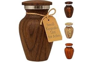 KC KATIE COLLECTION BY URNSELLER URNSELLER - Small Keepsake Urn for Human Ashes – Teak Wood Appearance Memorial – Handcrafted Mini Urn for Sharing – Recycled Cast Aluminum – Secure Lid - Velvet Bag & Funnel – Decorative Container