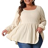 Agnes Orinda Plus Size Blouses for Women Scoop Neck Long Sleeve Ruffle Hem Peplum Knit Top