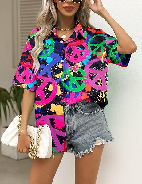 HIPPIE BUTTON DOWN SHIRT WOMEN: 70S HIPPY SHIRTS PEACE SIGN GRAPHIC TEE HIPPIE LOVER GIFTS VINTAGE SHORT SLEEVE TOPS