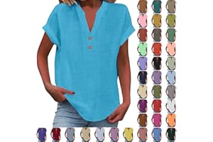 Women Cotton Linen Tunic Tops Casual Short Sleeve 1/4 Button V Neck Shirts Loose Fit Summer Beach Vacation Blouse