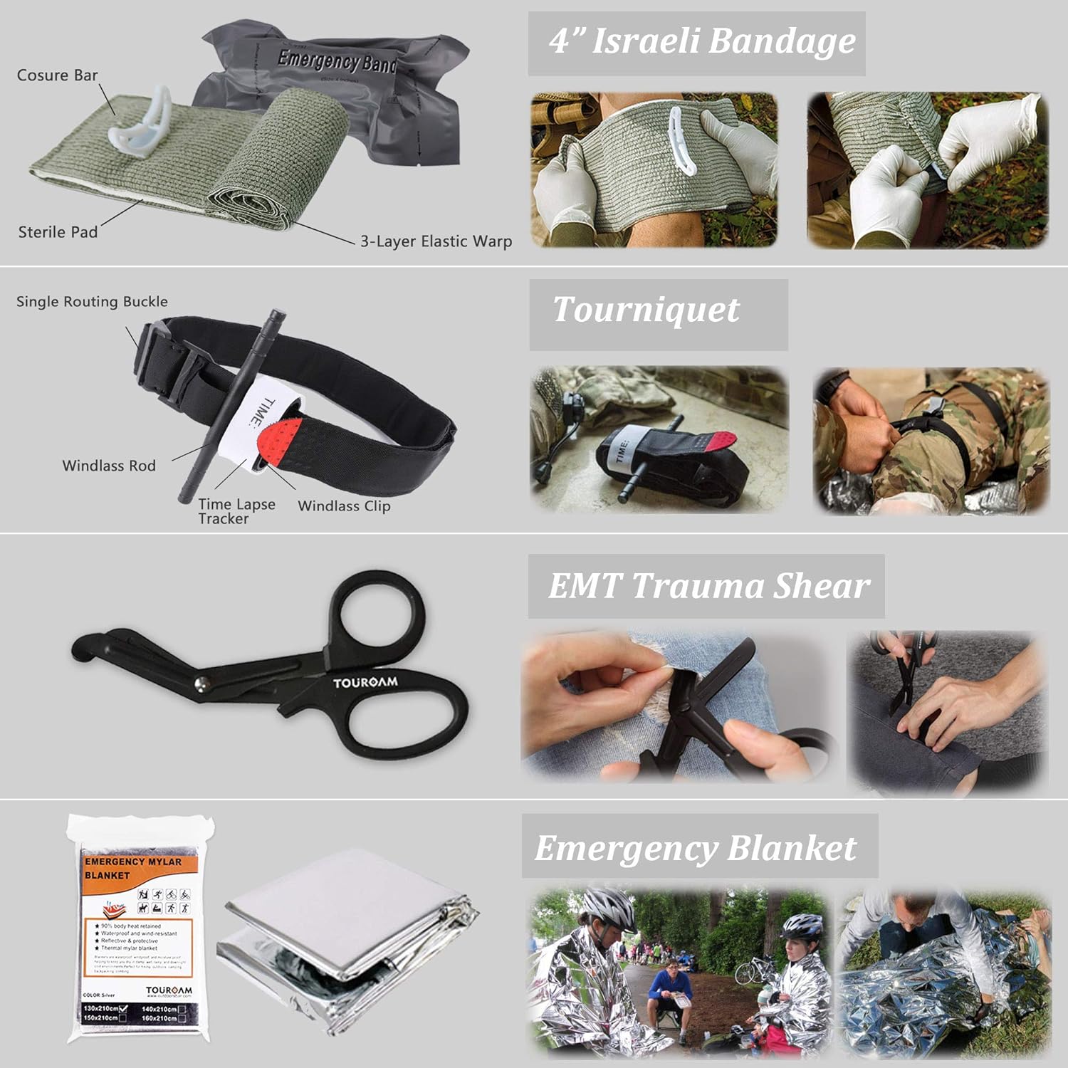 TOUROAM IFAK Med Trauma Kit, Molle Tactical Emergency First Aid Kit Survival Military, Rip-Away Field Dressing Kit with Tourniquet for Camping Hiking Bug Out : Sports & Outdoors