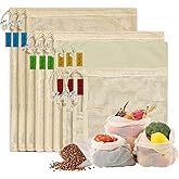 Reusable Produce Bags - Organic Cotton Mesh Bags with Drawstring for Onions, Vegetables & Fruit (12 Pack)