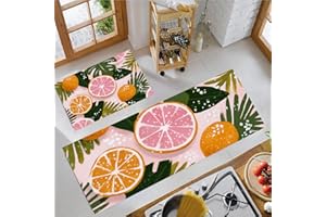 Hand-Drawn Style Kitchen Mat Sets Non Slip Washable, Citrus Fruits Kitchen Rugs, Orange Kitchen Carpets for Hallway Laundry H