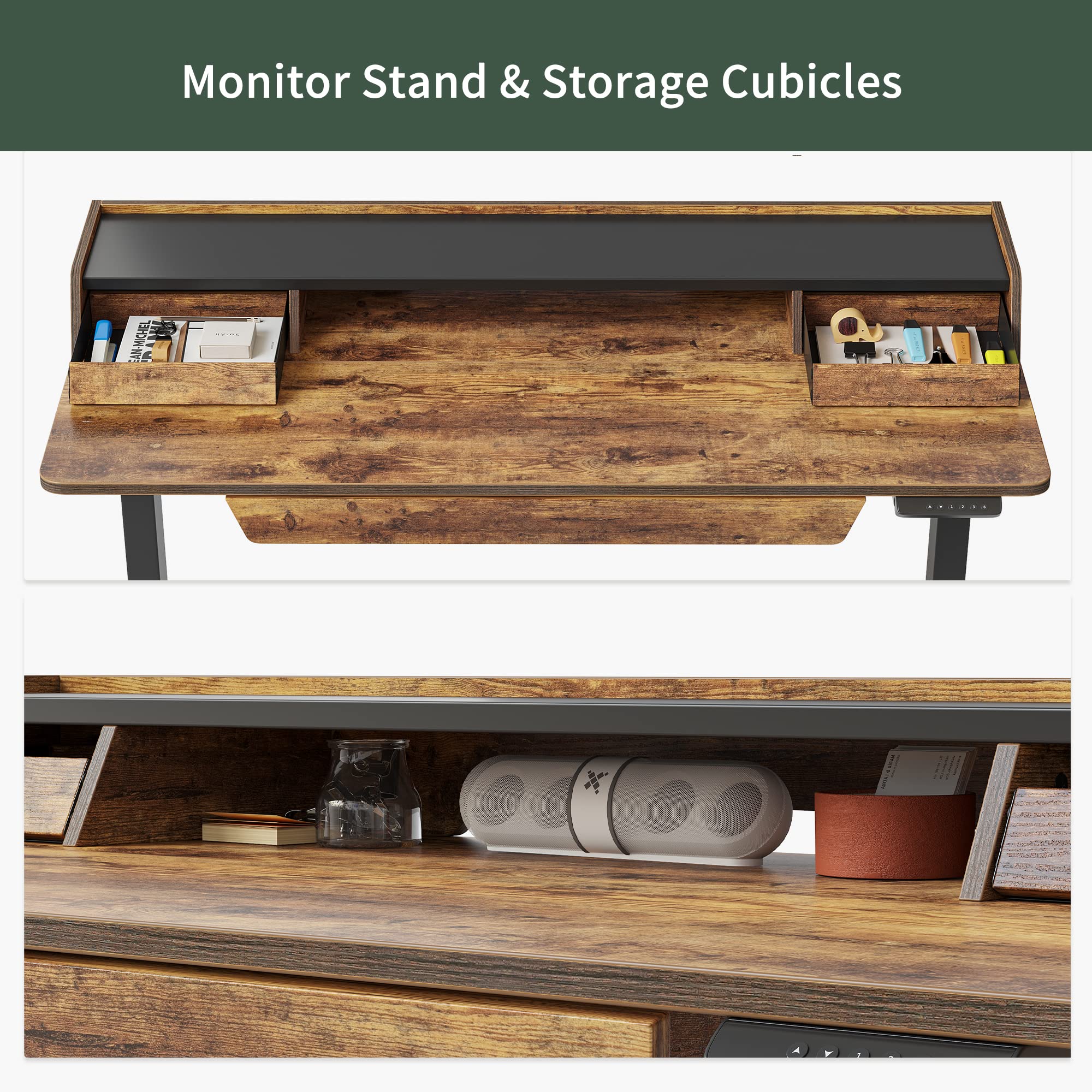 FEZIBO Standing Desk Adjustable Height with Drawers, 48 x 25 Inch Stand Up Desk with Storage Shelf, Electric Standing Desk with Storage Space, Rustic Brown Top/Black Frame