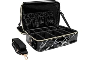 CARRYWELL (Not Made In China) Travel Makeup Train Case, Make Up Box, Cosmetic Storage Organizer For Professional Beauty Artist W/Adjustable Dividers For Jewelry, Nail Polish and Brushes (1, Marble, Large)