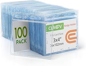 Claev Horizontal Large ID Badge Holders (Clear, 3x4 Inch, 100 Pack), Clear Easy Open Plastic Name Badge Holders for Conferences, Conventions, Offices & Schools
