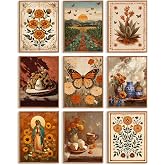 Mexican Marigolds Wall Art Boho Floral Wall Decor Vintage Flower Canvas Prints Folk Botanical Pictures Rustic Cactus Poster ‌Virgen De Guadalupe Painting for Living Room Bedroom 8x10x9 Inch Unframed