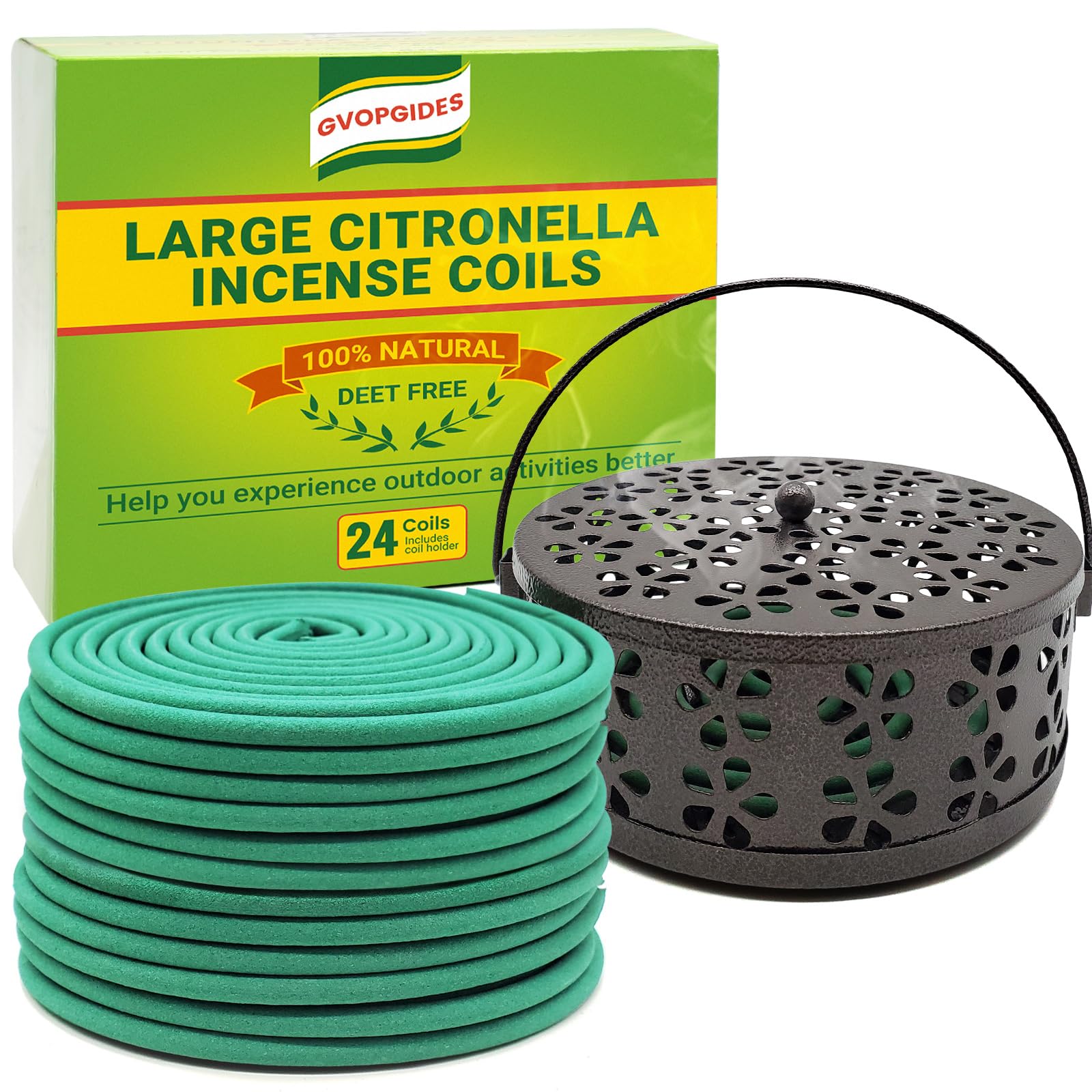 Large Citronella Incense coils and Coil Incense Holder, Made from Natural Plants, Suitable for Outdoor, Living Room, Terrace use (24 Coils and 1 Coil Incense Holder)