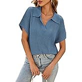 Cakulo Womens Spring Summer Crochet Tops 2025 Crop Knit Polo V Neck Collared Short Sleeve Sweater Top Navy Blue L