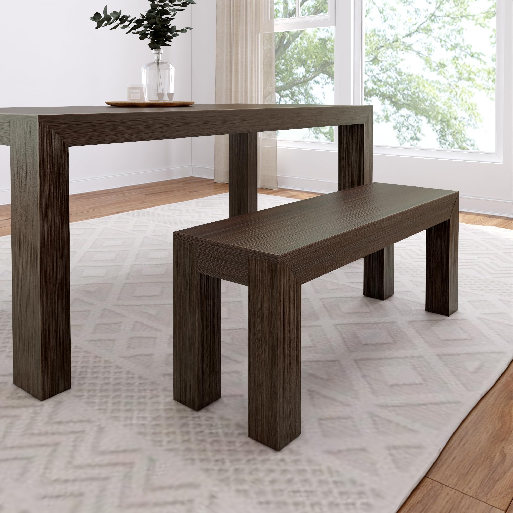 Plank+Beam Modern Walnut Wirebrush Bench, 124.5Cm Dining Bench, Solid Pine Wood, Straight Wood Legs, Easy Assembly, 3 Seater