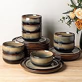 TheTerra Ceramic Dinnerware Sets for 8, 24 Pieces Handmade Reactive Glaze Plates and Bowls Set, Scratch Resistant Dish Set, Oven & Microwave & Dishwasher Safe, Coca Mocha