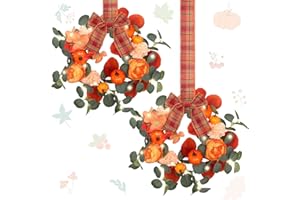 Thiccywoov 2 Pcs 9" Mini Pumpkin Wreath for Cabinet Thanksgiving Orange Artificial Eucalyptus Pumpkin Wreath for Fall Autumn Fireplace Table Centerpieces Front Door Home Wall Window Indoor Decor