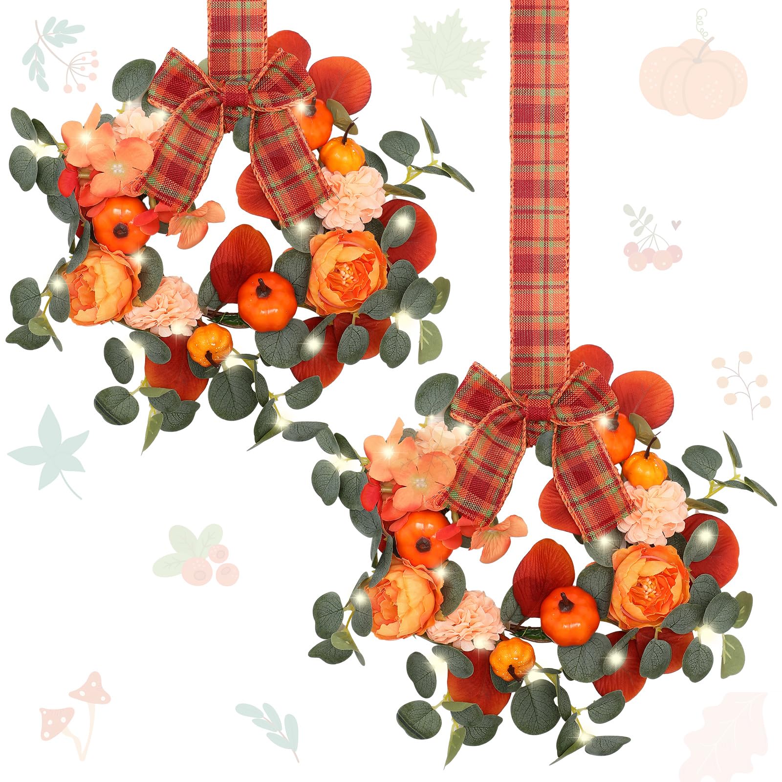 Photo 1 of Thiccywoov 2 Pcs 9" Mini Fall Pumpkin Wreath for Cabinet Thanksgiving Orange Artificial Eucalyptus Pumpkin Wreath for Fall Autumn Fireplace Table Centerpieces Front Door Home Wall Window Indoor Decor