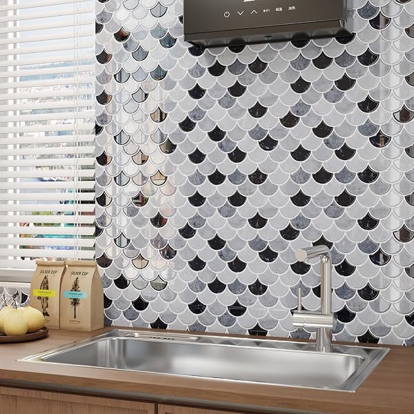 CRE8TIVE 16 SHEETS FISH SCALE PEEL AND STICK TILE BACKSPLASH BLACK GREY PEEL AND STICK BACKSPLASH FOR KITCHEN BATHROOM STICK ON BACKSPLASH FOR KITCHEN WATERPROOF SHELL WALL TILES FOR FIREPLACE 12″X12″