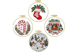Cross Stitches Christmas Ornaments 4Pcs/Set Christmas Embroidery Kit with Patterns & Tools Fireplace Stocking Village Candy C