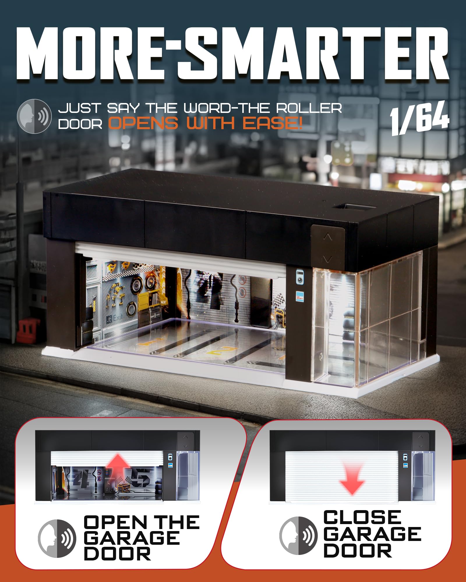 1/64 Scale Diecast Display Case for Hot Wheel Storage with LED Lights, Stackable Electric Garage with Voice Control, 3 Replaceable 3D Scenes Parking Lot Diorama for Model Cars (Black)