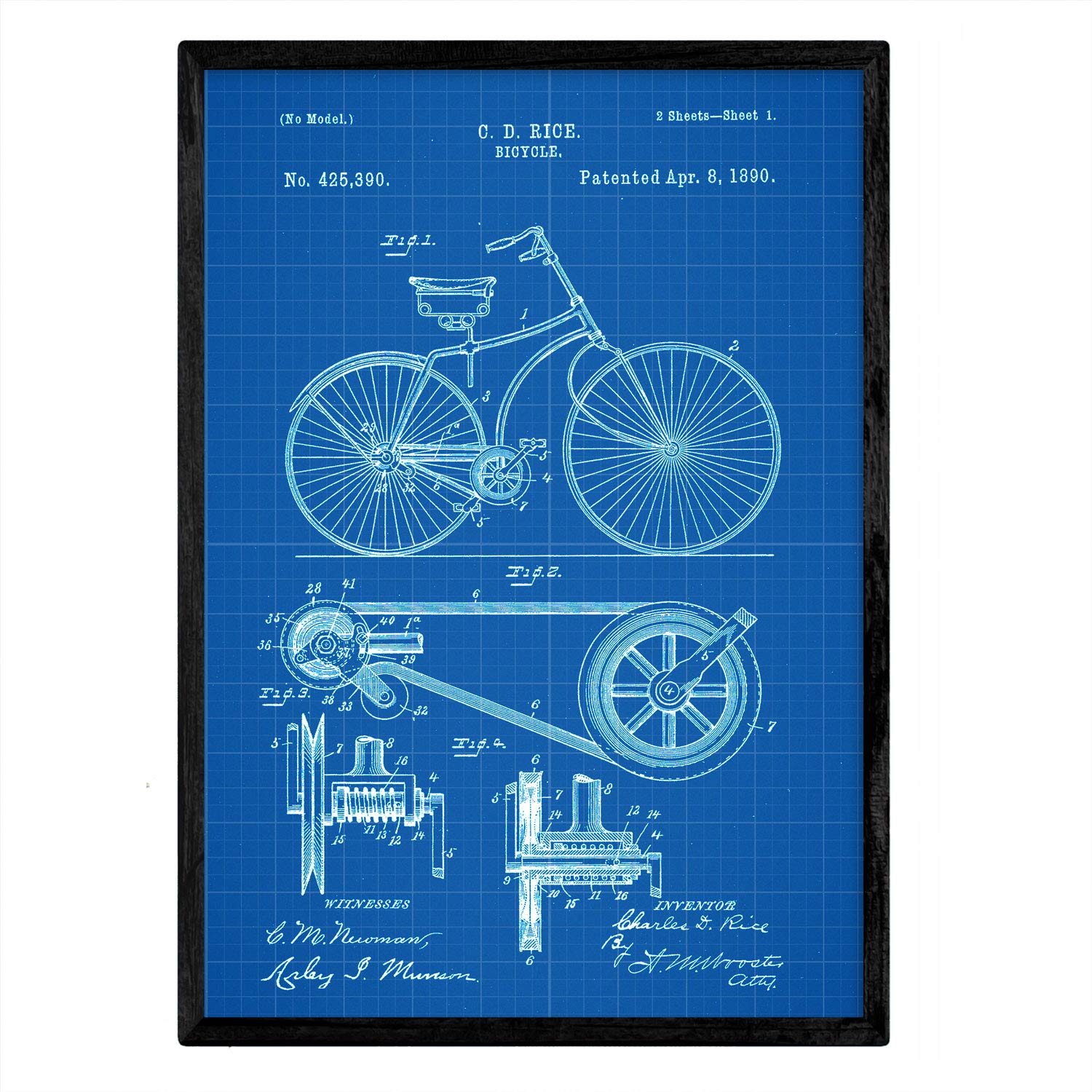 Nacnic Bicycle Poster patent. Sheet with old design patent A3 size with blue background