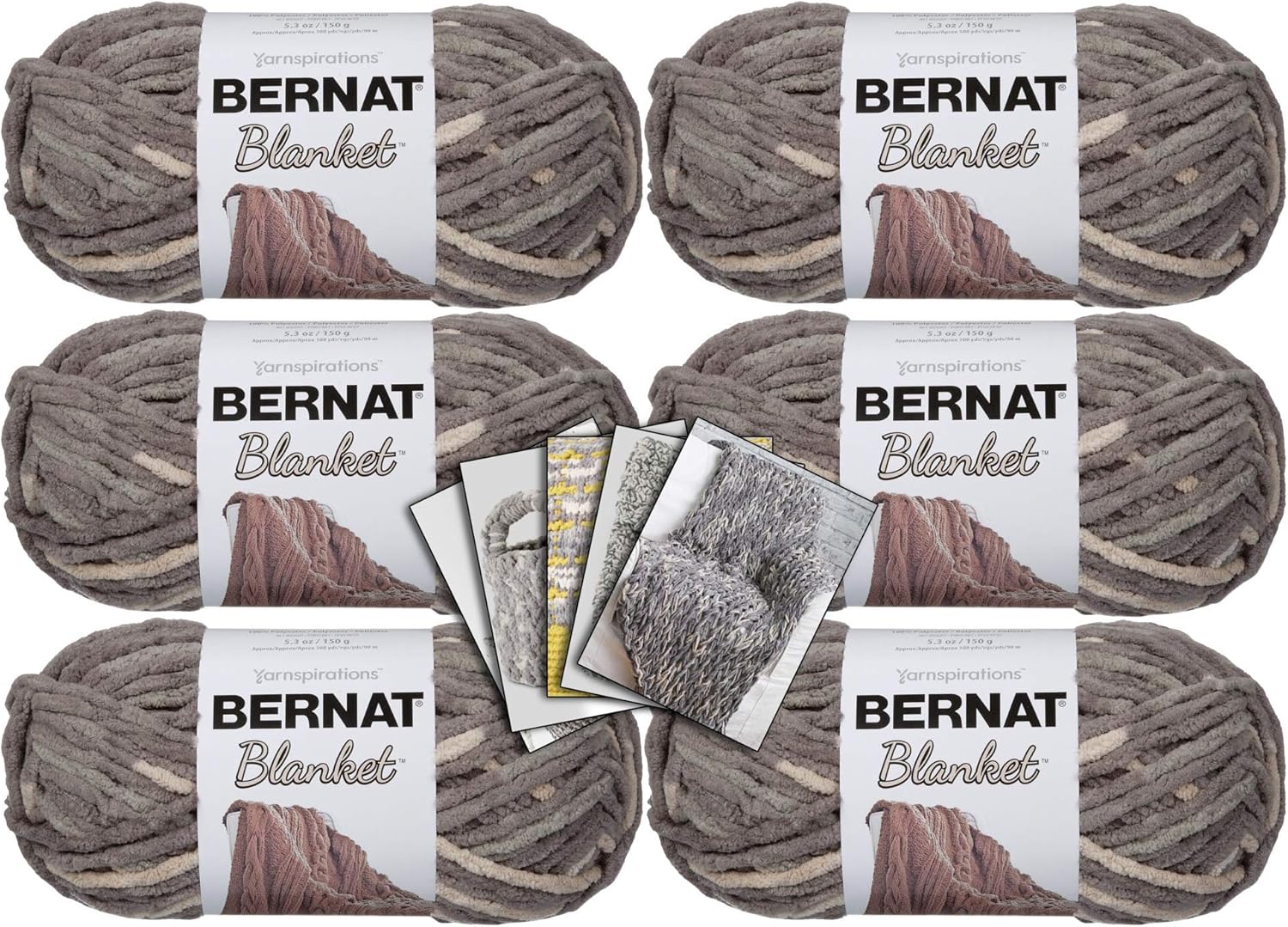Bernat Blanket Yarn - 6 Pack Bundle with 5 Patterns - Silver Steel