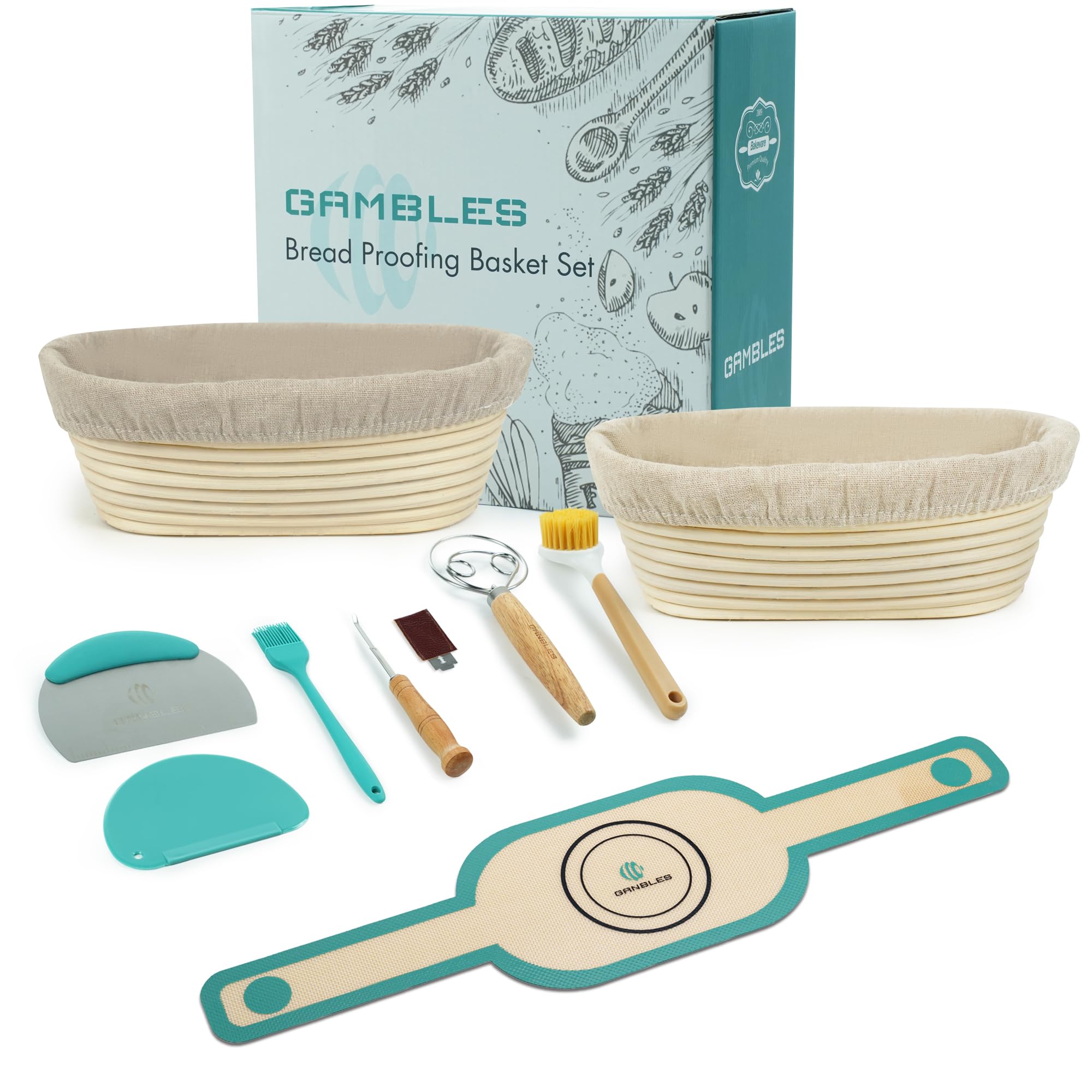 Photo 1 of 2 Pack 10-Inch Oval Banneton Proofing Basket Set, Sourdough Making Kit, Brotform for Artisan Bread, Includes Danish Dough Whisk, Scoring Lame, Scrapers, Sling & Cleaning Brush