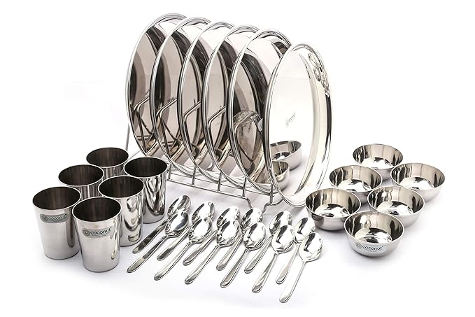 Coconut Stainless Steel (Heavy Guage) Mirror Finish Happy Dinner Set/Dinnerware & Serveware - 30 Pc