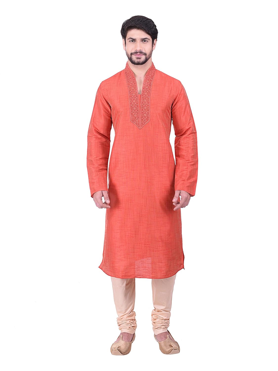 manyavar men's peach full sleeve designer kurta set