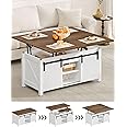 CHOEZON Coffee Table Lift Top, 4 in 1 Convertible Coffee Table, Farmhouse Coffee Tables, with Hidden Compartments, with Sliding Doors, for Living Room, Apartment, White and Walnut MKF01WL