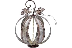 TERESA'S COLLECTIONS Outdoor Fall Pumpkin Decor, Large Lighted Metal Battery Operated Silvery Pumpkin for Home, Autumn Harvest Halloween Pumpkin for Garden Decor Porch Patio,Thanksgiving Gift,15.4"