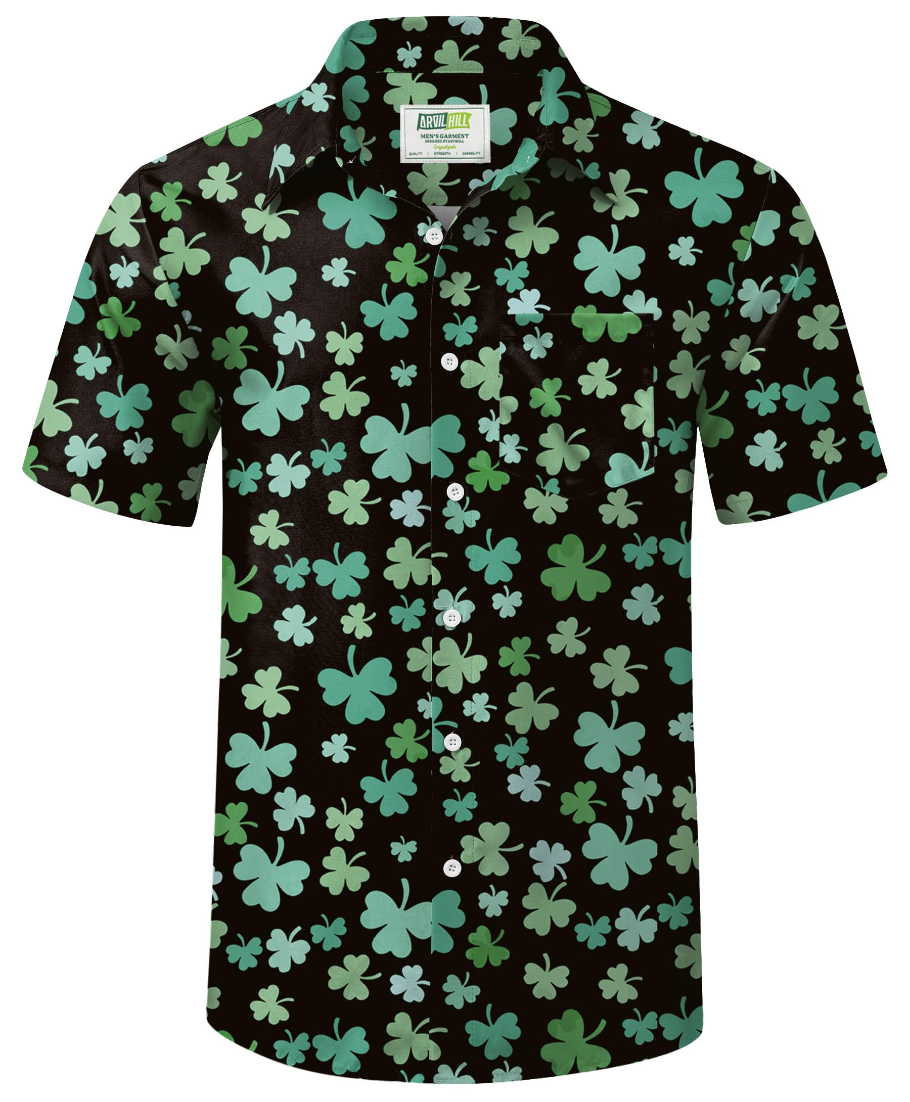 Men St Patrick's Shirt Perfect Irish Full Print Short Sleeve Black Button Up Shirt Green Graphic Dress Shirt XL