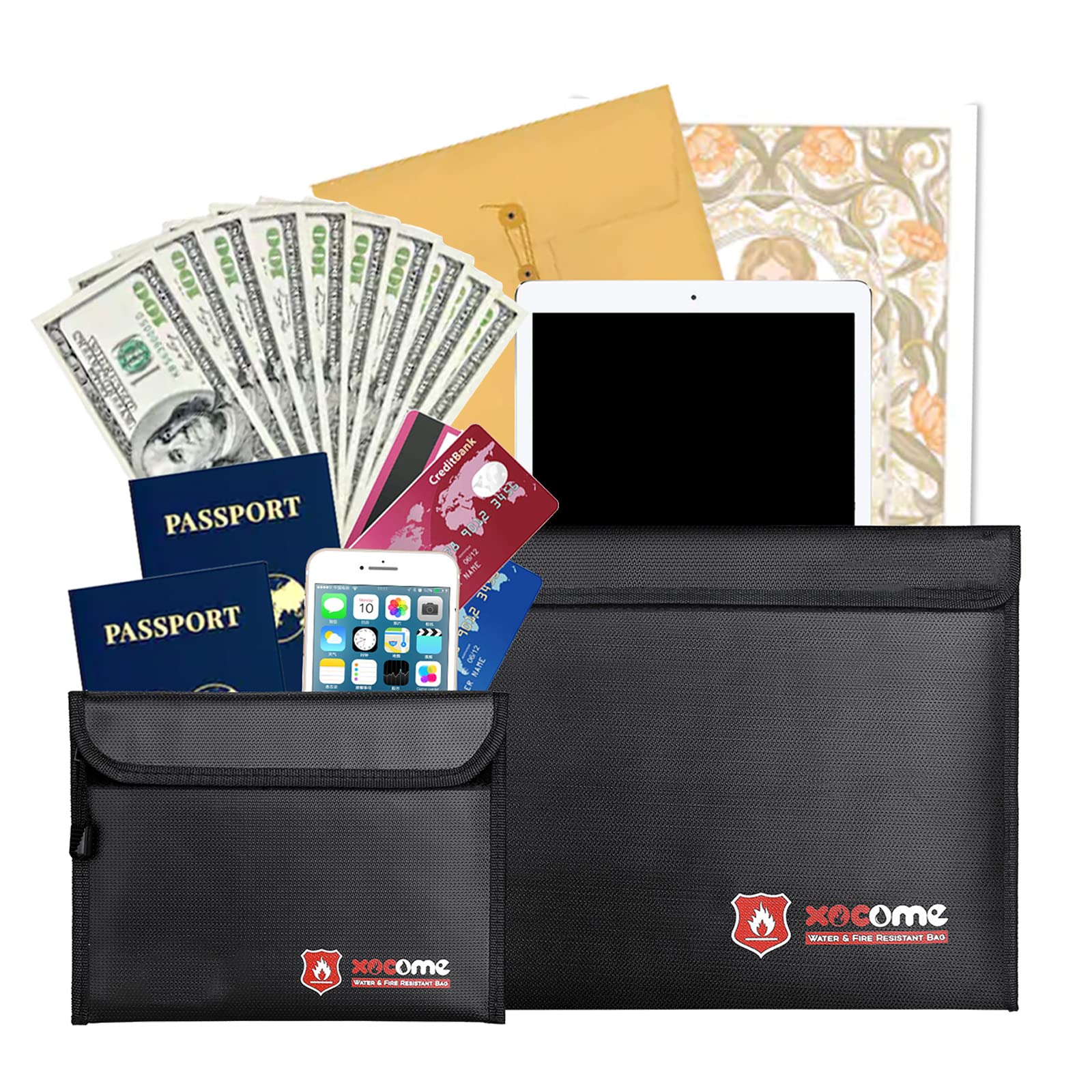 Fireproof Waterproof Money Document Bag - 2 Pack Safe Upgraded Zipper Bags, Fire & Water Resistant Storage Organizer Pouch for A4 A5 Documents Holder,File,Cash,Jewelry,Passport,Tablet,Laptop (Black)