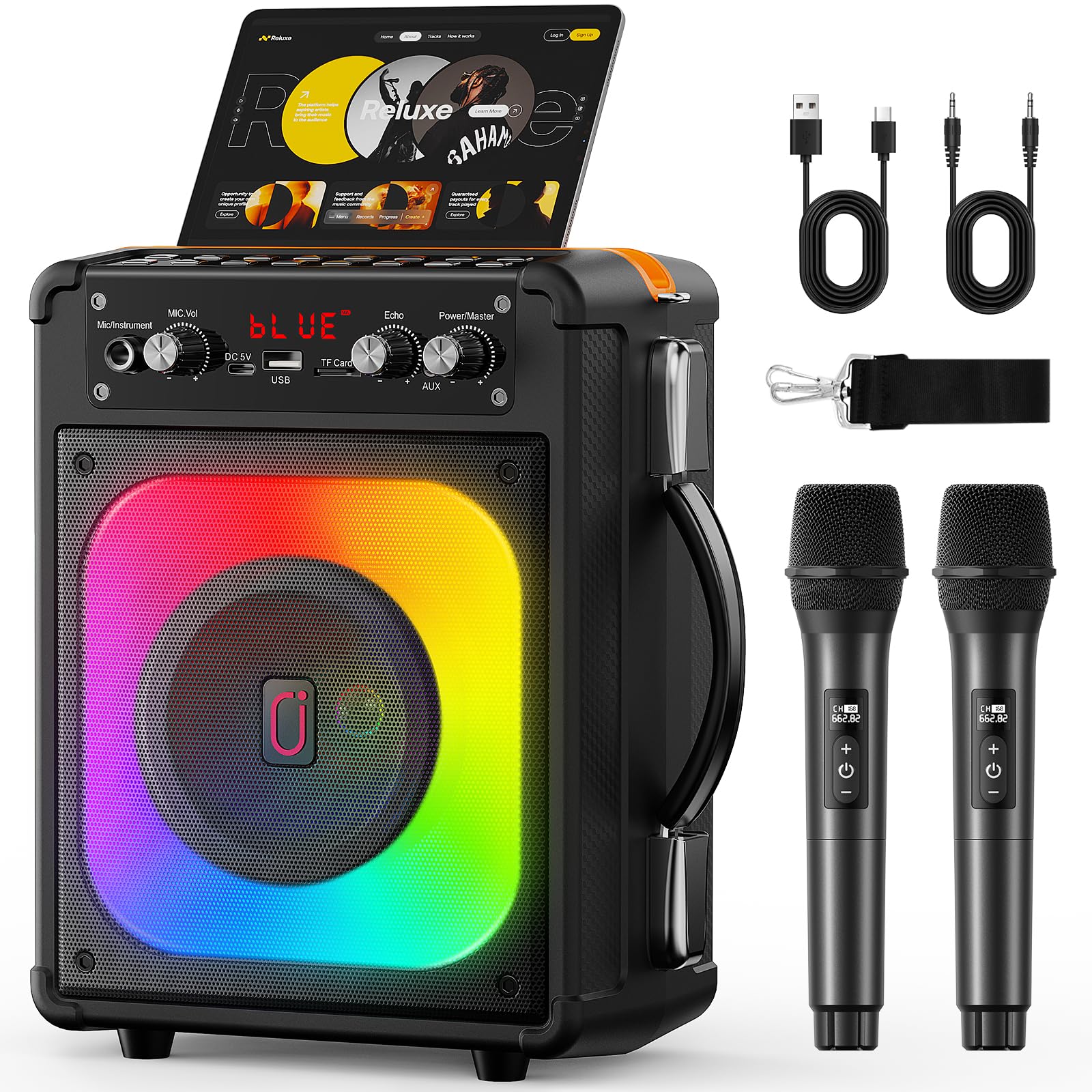 Photo 1 of HWWR Karaoke Machine, Portable Bluetooth Speaker with 2 Wireless Microphones for Adults & Kids,Karaoke Speaker for Parties and Gatherings, PA System Supports TWS/USB/TF/REC/AUX and TV Connected