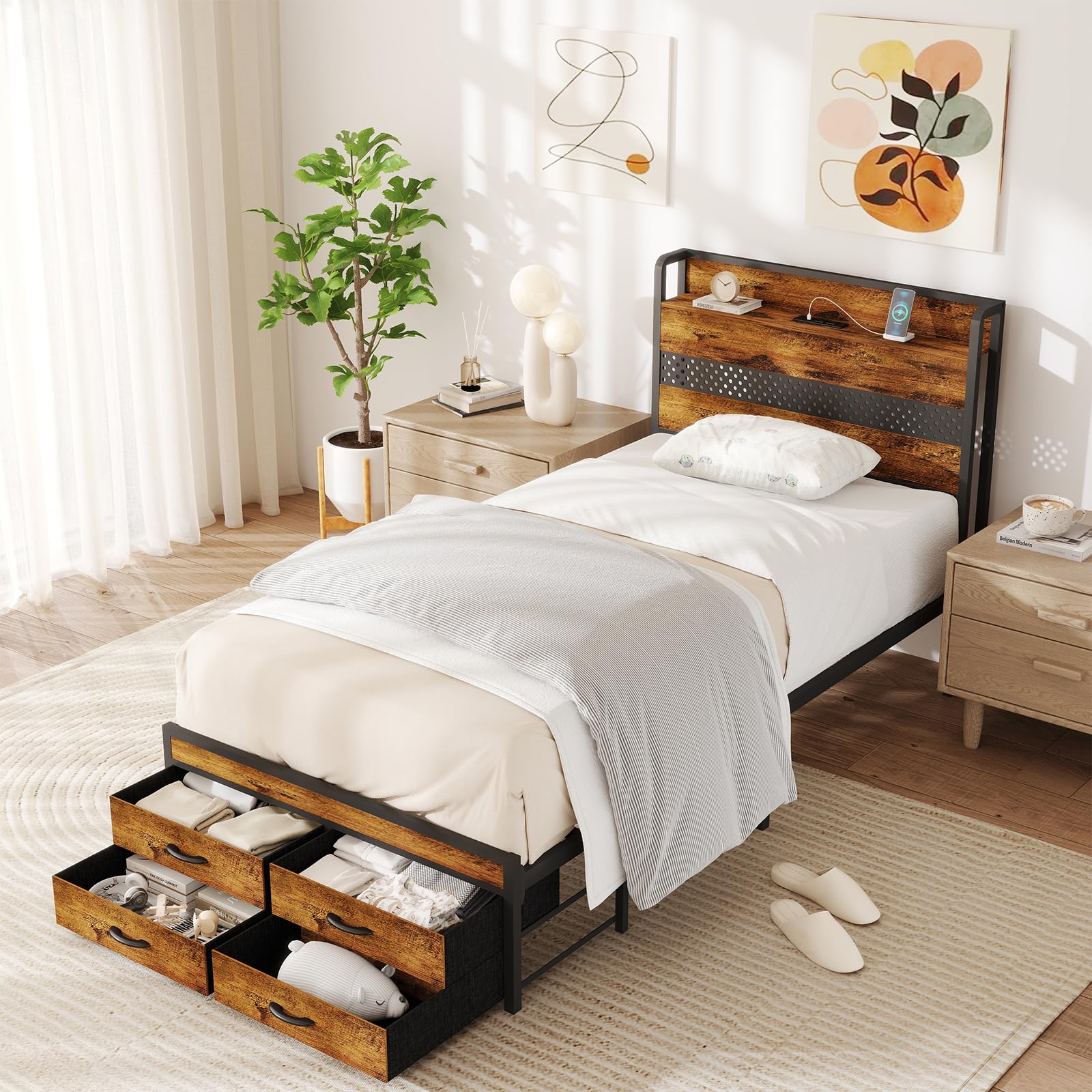 Photo 1 of Zevemomo Twin Bed Frame with Storage Drawers, Twin Metal Bed Frame with LED Light and Charging Station, Heavy Duty Metal Slats, No Box Spring Needed, Rustic Brown