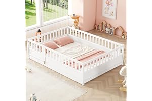 CITYLIGHT Full Floor Bed with High Rails, Wood Montessori Floor Bed with Door Design, Kids Full Bed Frame for Boys Girls Children,No Bed Slats,White