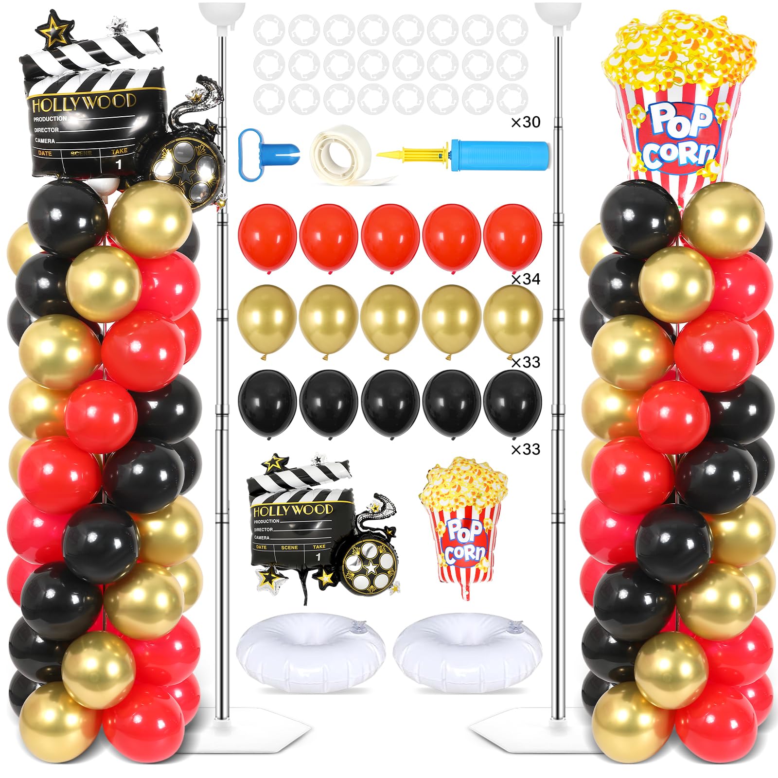 Photo 1 of 2 Sets Movie Night Balloon Column Stand Kit With 102 Popcorn Clapboard Foil Balloons 5.57ft Adjustable Tower Stand With Base Adjustable Arch Column for Camera Film Movie Birthday Party Supplies