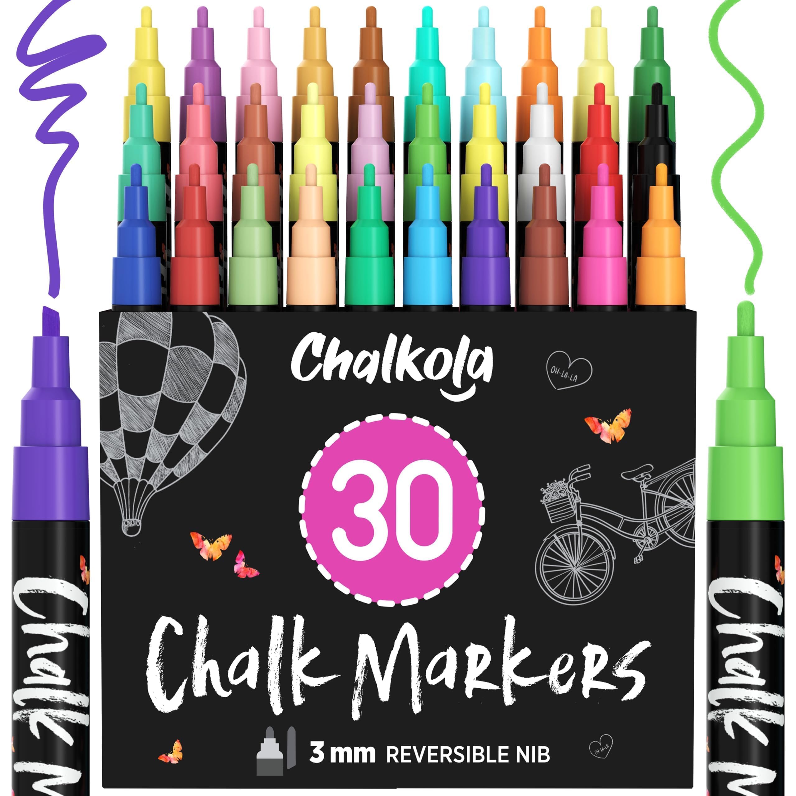 Fine Tip Chalk Pens (30 Pack - Neon & Pastel) Chalk Markers - Dry Erase Marker Pens for Blackboard, Chalkboards Signs, Windows, Bistro - 3mm Reversible Tip