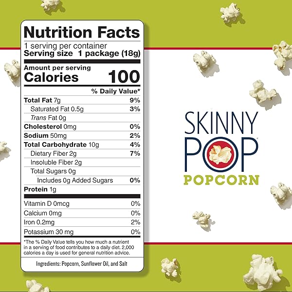 SKINNYPOP POPCORN, GLUTEN FREE, DAIRY FREE, NON-GMO, HEALTHY SNACKS, SKINNY POP ORIGINAL POPCORN SNACK PACKS, 0.65OZ INDIVIDUAL SIZE SNACK BAGS (6 COUNT)