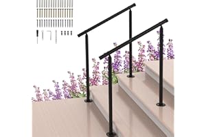 SHINOSKE 2 Pack Handrails for Outdoor Steps,2 to 3 Steps HandRail Outdoor Stair Railing, Metal Porch Railing, Deck Hand Rail, Black Wrought Iron Railing with Installation Kit for Concrete Steps